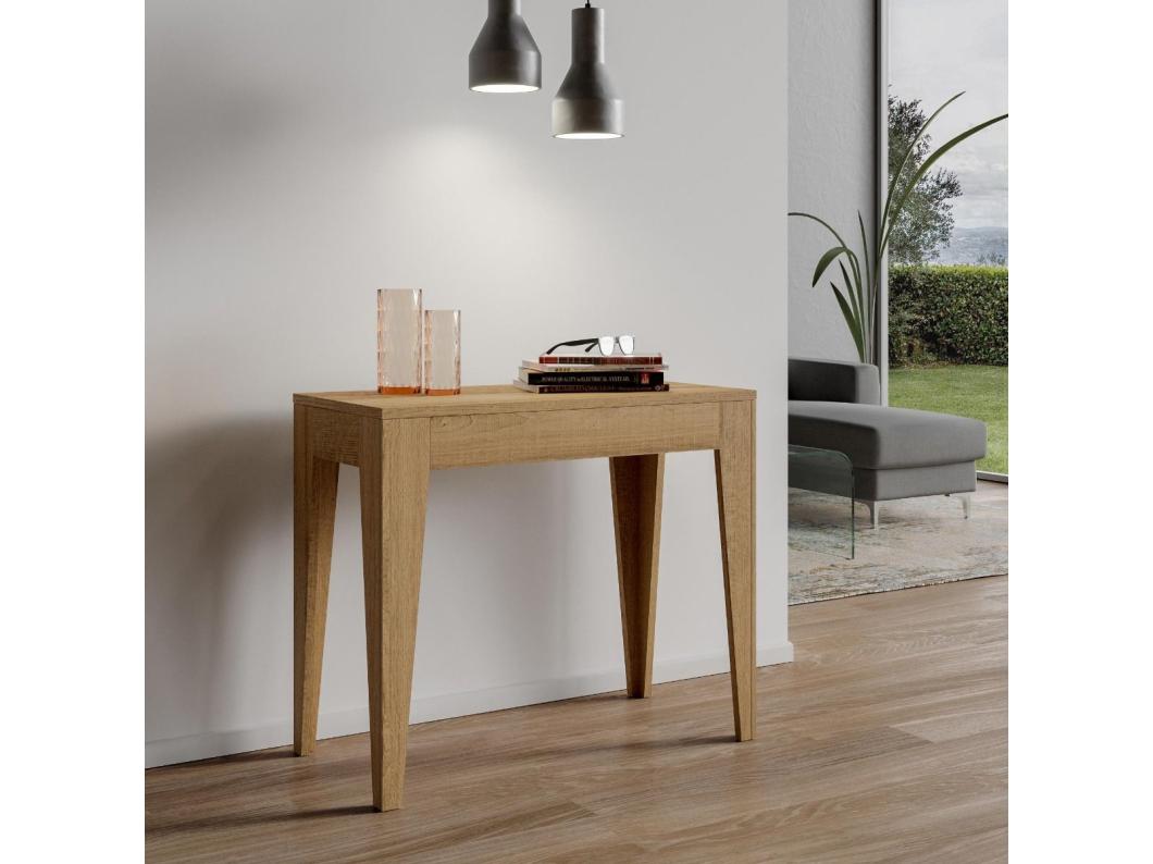Consola Kanda moderna extensible de madera 90x42/198 o 90x42/302 cm-Color Natural-Soporte 2 pies-Alargaderas 3 extensiones