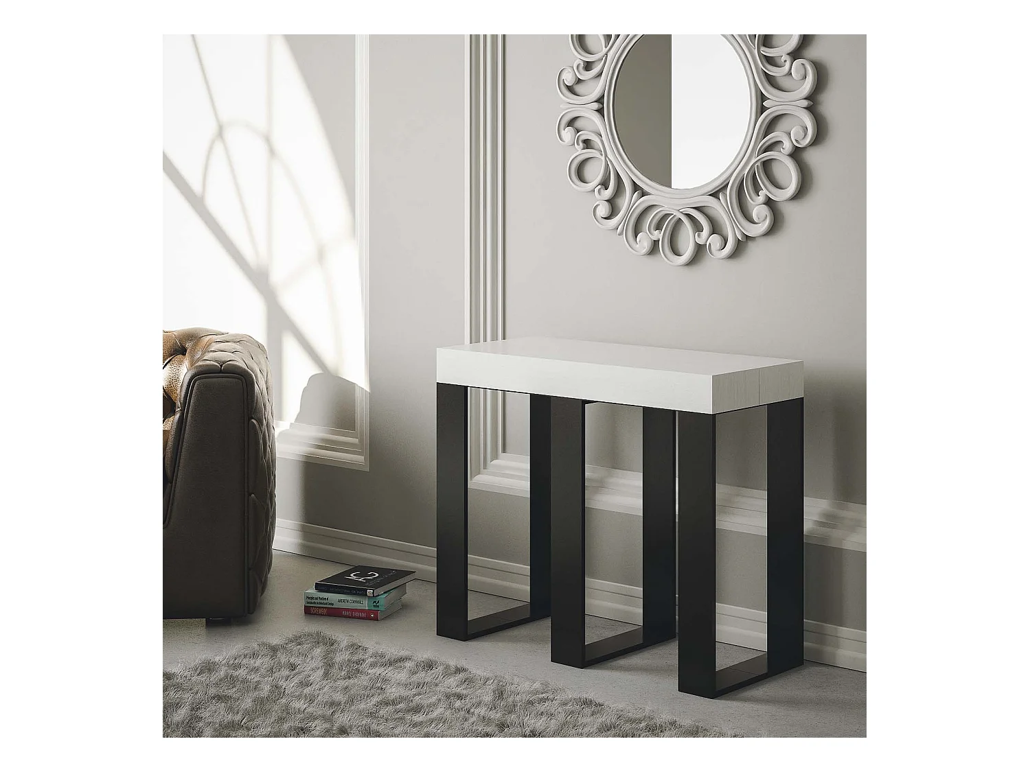 Ausziehbarer Konsolentisch 90x40/300 cm Sintesi Esche weiß mit Eisenrahmen aus Anthrazit