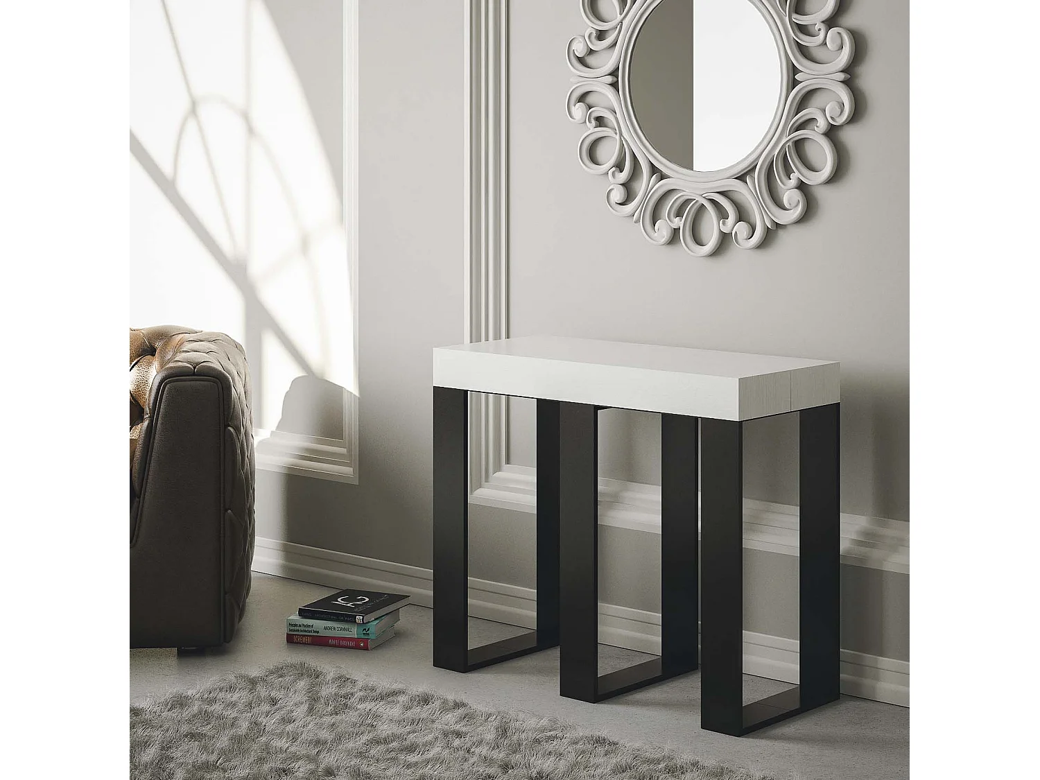 Console extensible 90x40/300 cm Sintesi Frêne Blanc cadre Anthracite
