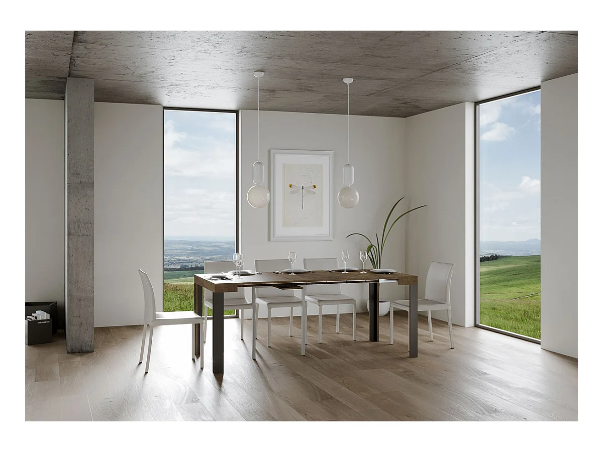 Uitschuifbare sidetable 90x40/300 cm Linea walnoot met antraciet frame