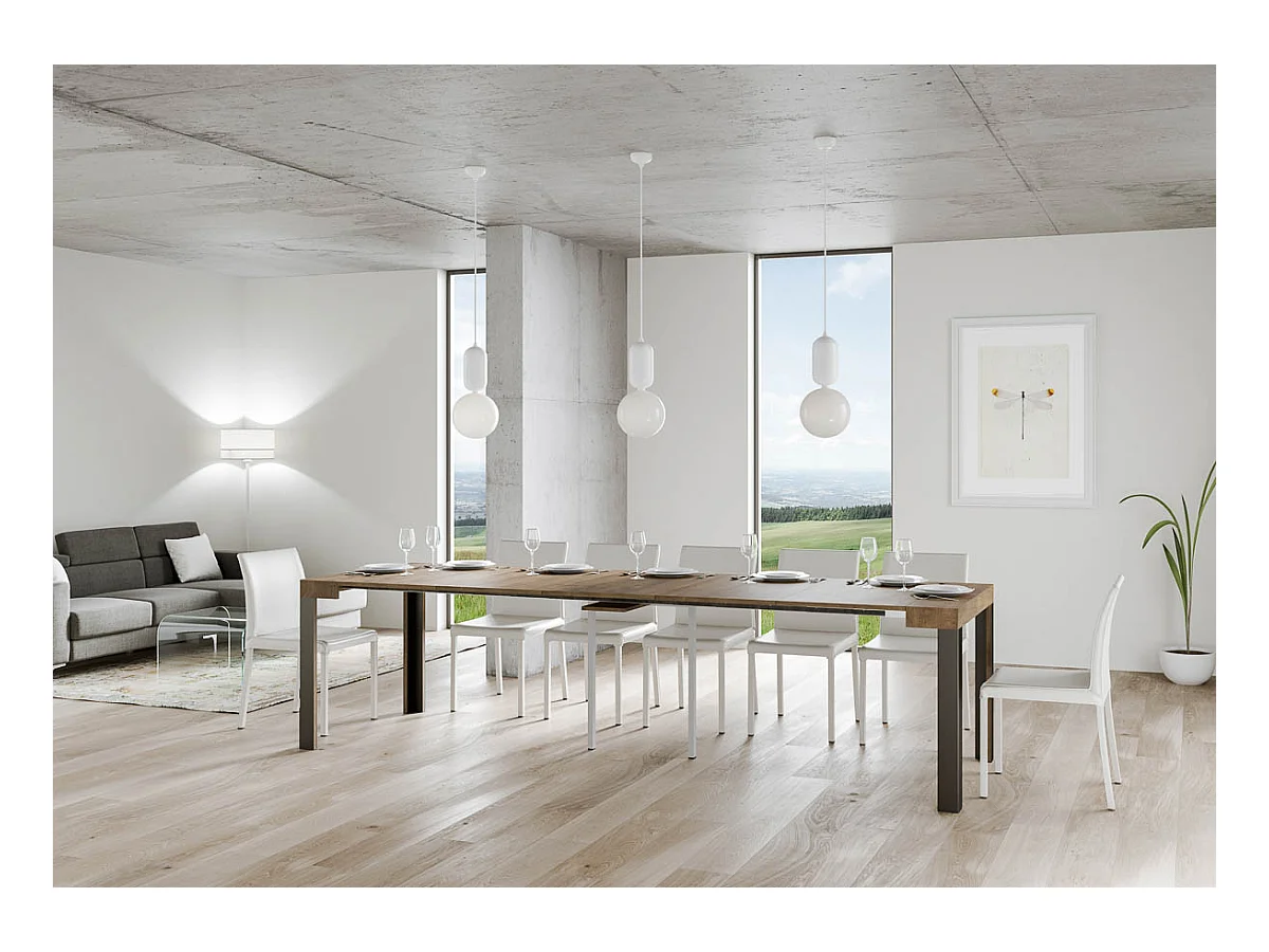 Uitschuifbare sidetable 90x40/300 cm Linea walnoot met antraciet frame