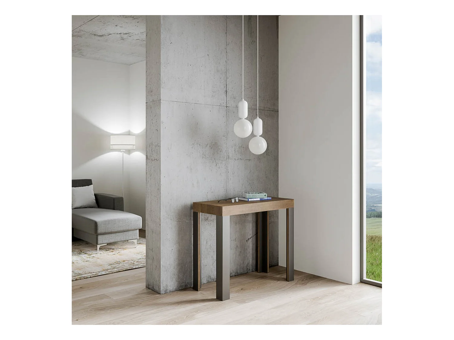 Uitschuifbare sidetable 90x40/300 cm Linea walnoot met antraciet frame