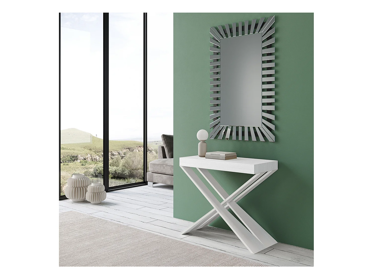 Ausziehbare Konsole 90x40/196 cm Diago Small Weißer Eschenrahmen Weiß