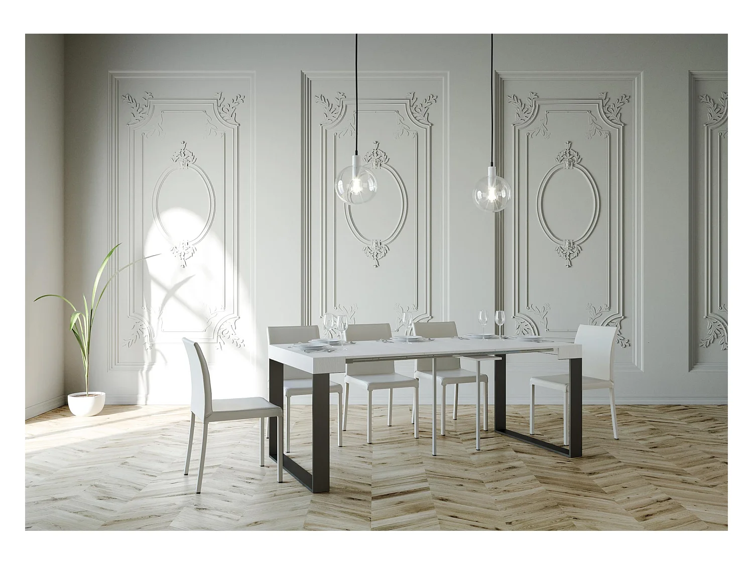 Ausziehbarer Konsolentisch 90x40/196 cm Elettra Small Esche weiß mit Eisenrahmen aus Anthrazit