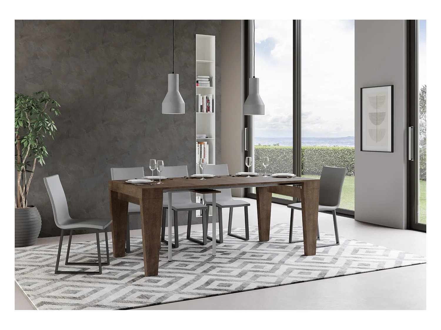 Consola extensible de madera Sambo 90x40/196 o 90x40/300 cm-Color Marrón-Soporte 2 pies-Alargaderas 3 extensiones