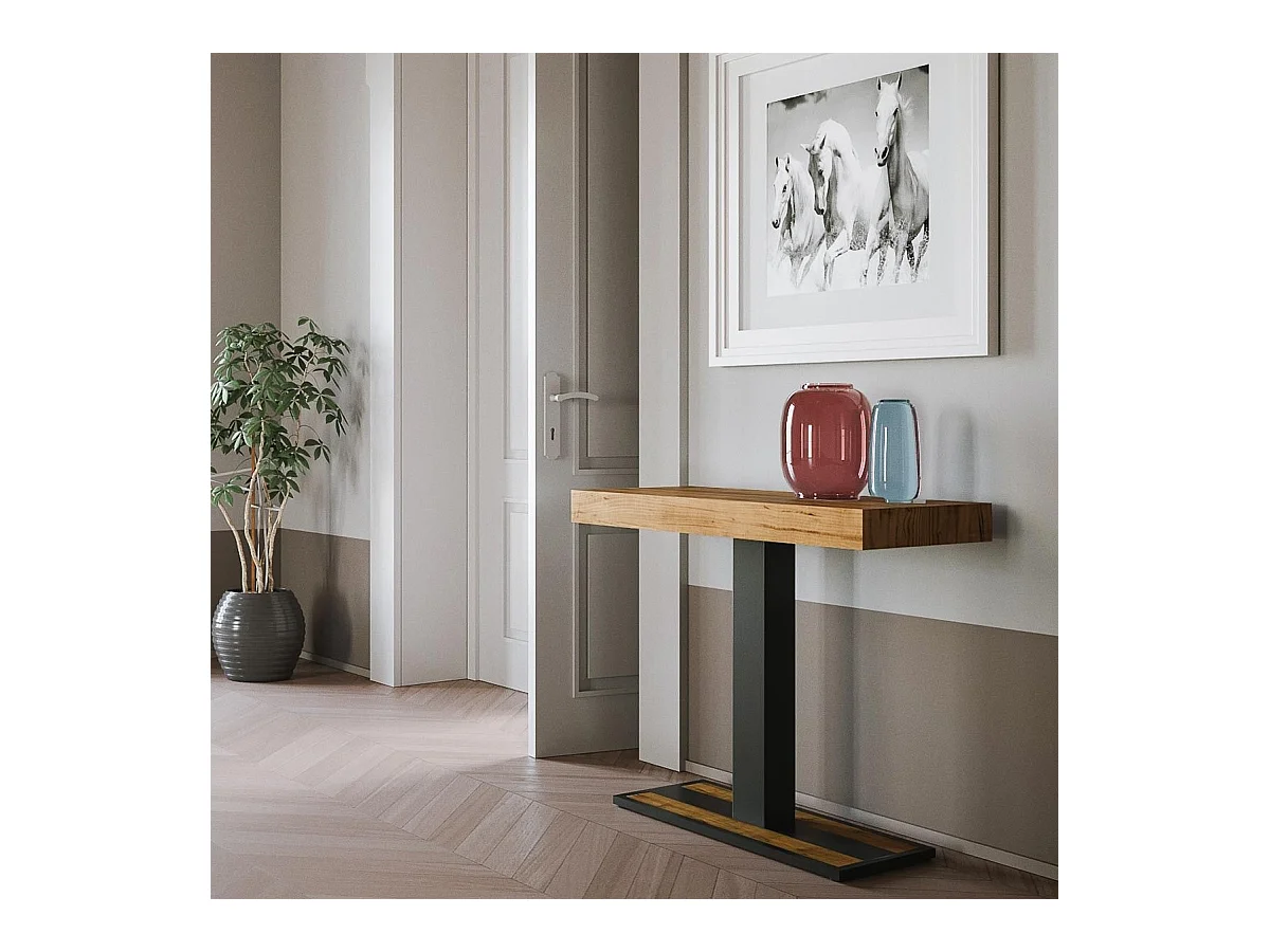 Ausziehbarer Konsolentisch 90x40/196 cm Capital Small Eiche Natur mit Eisenrahmen aus Anthrazit