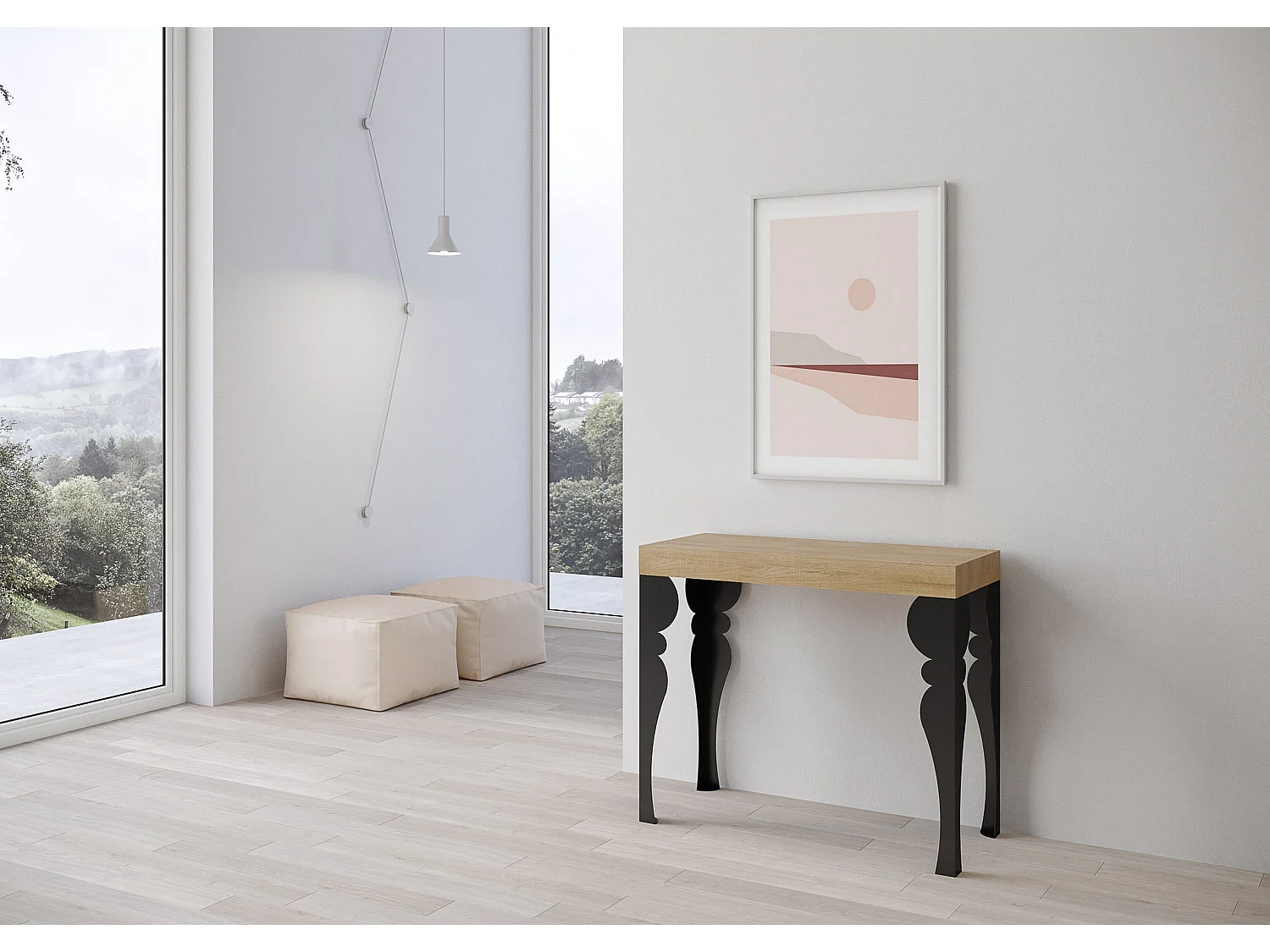 Uitschuifbare sidetable 90x40/300 cm Paxon natuur eiken met antraciet frame