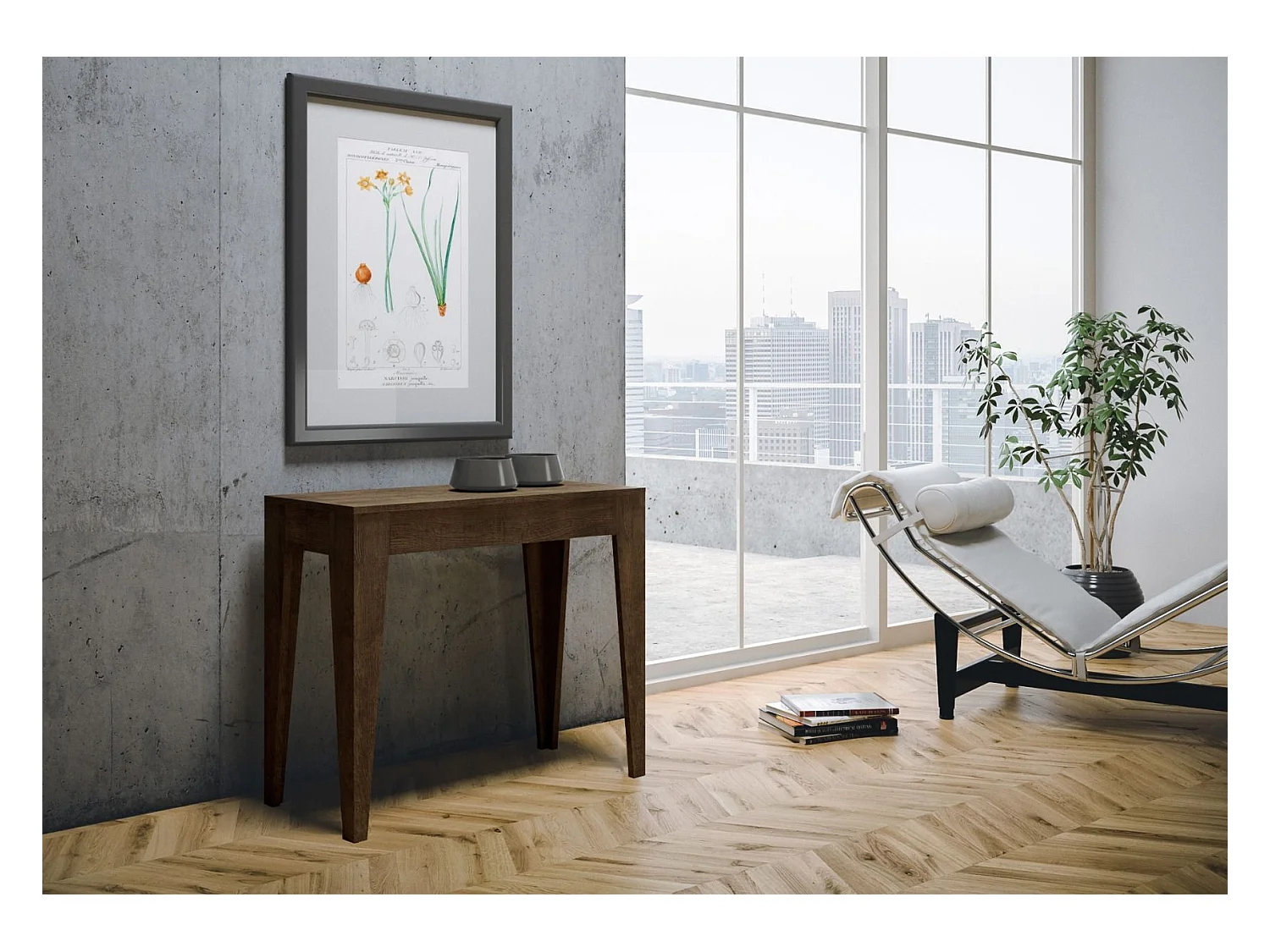 Kanda moderne uitschuifbare houten console 90x42/198 of 90x42/302 cm-Kleur Bruin-Steun 2 voet-Verlengsnoeren 3 uitbreidingen