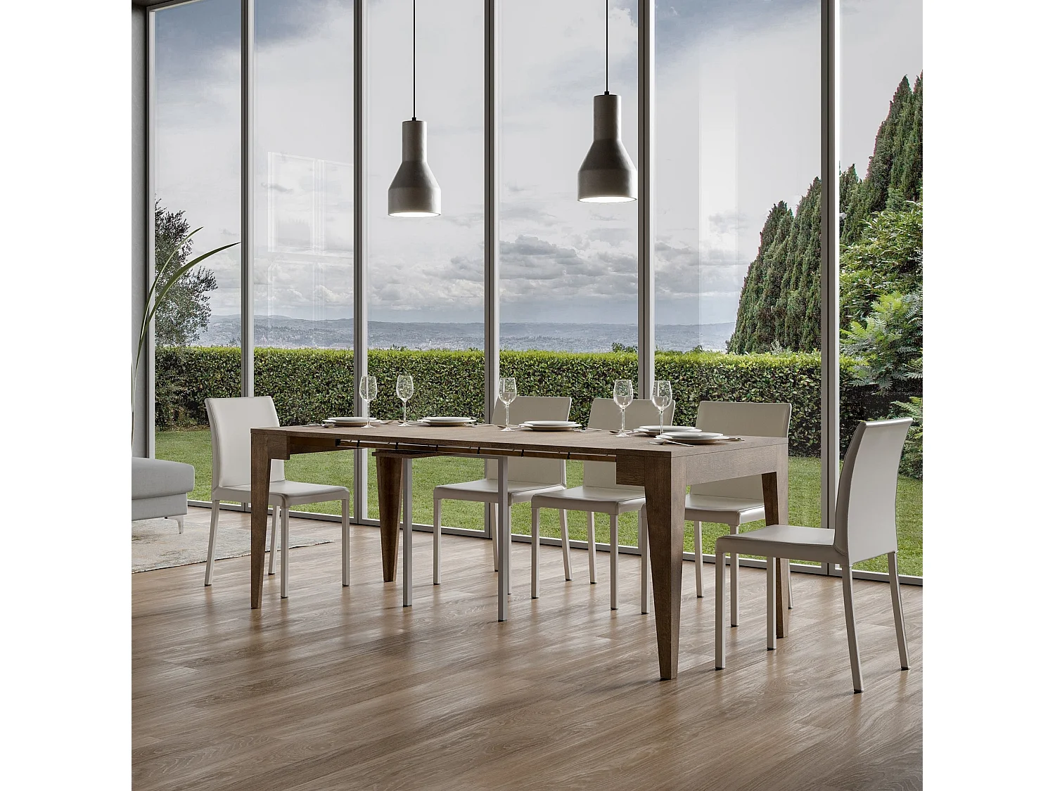 Consola Kanda moderna extensible de madera 90x42/198 o 90x42/302 cm-Color Marrón-Soporte 2 pies-Alargaderas 3 extensiones