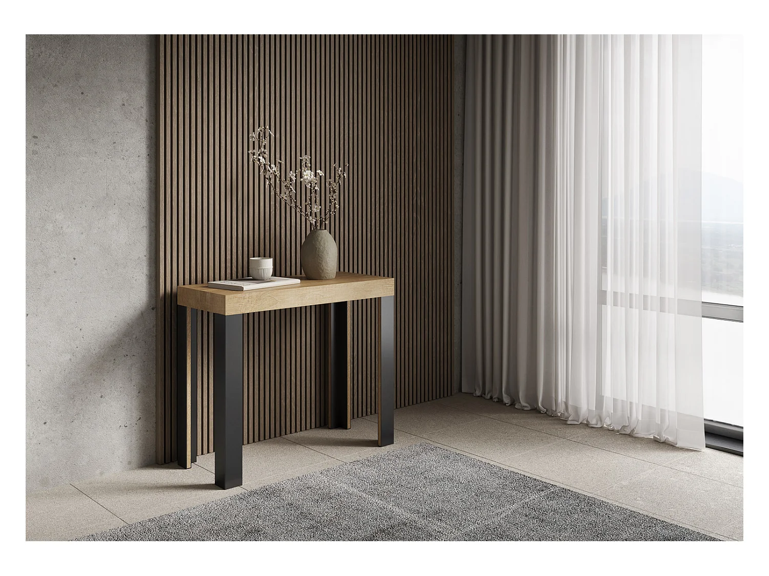 Ausziehbarer Konsolentisch 90x40/196 cm Linea Small Eiche Natur mit Eisenrahmen aus Anthrazit