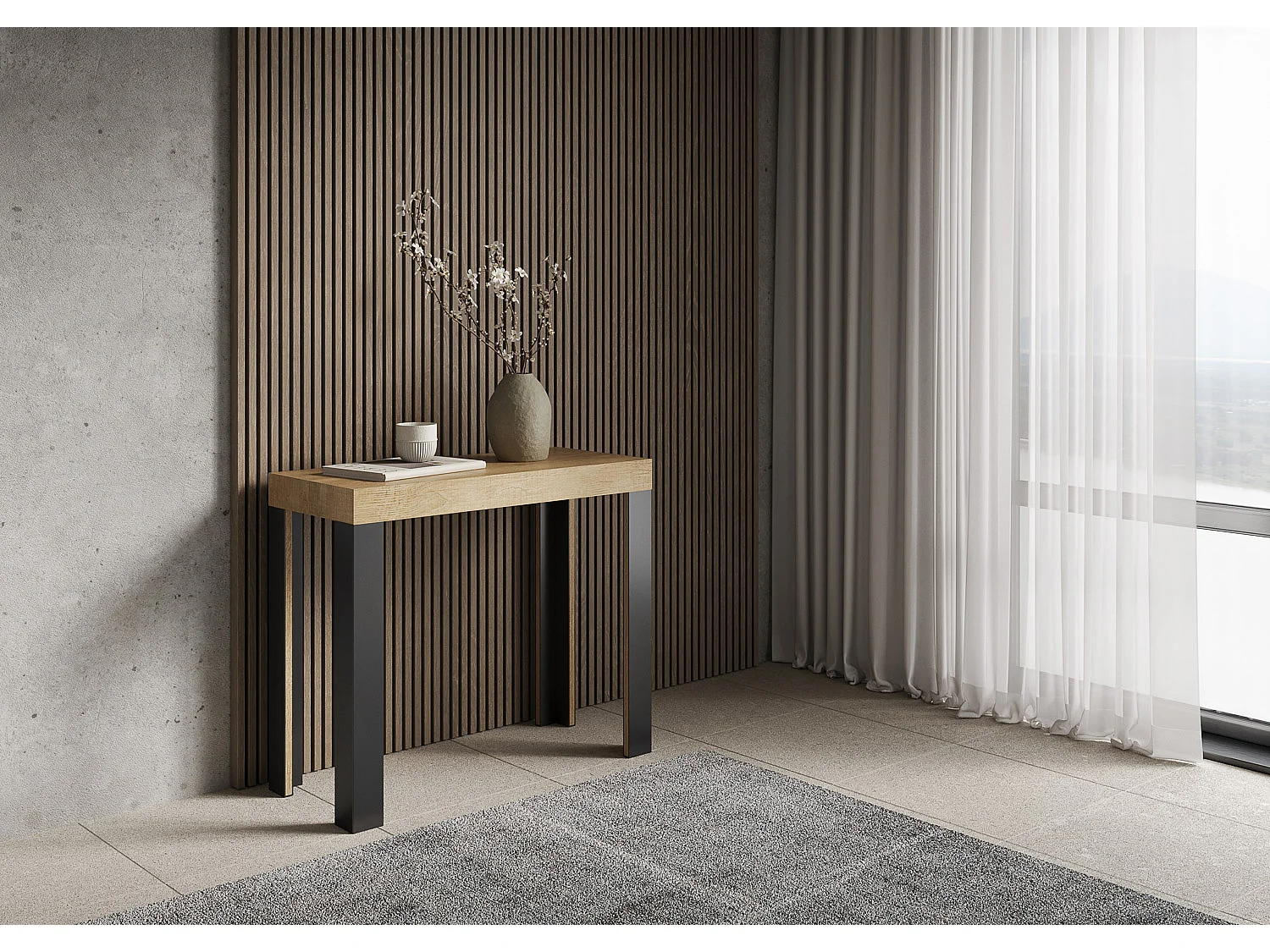 Ausziehbarer Konsolentisch 90x40/196 cm Linea Small Eiche Natur mit Eisenrahmen aus Anthrazit