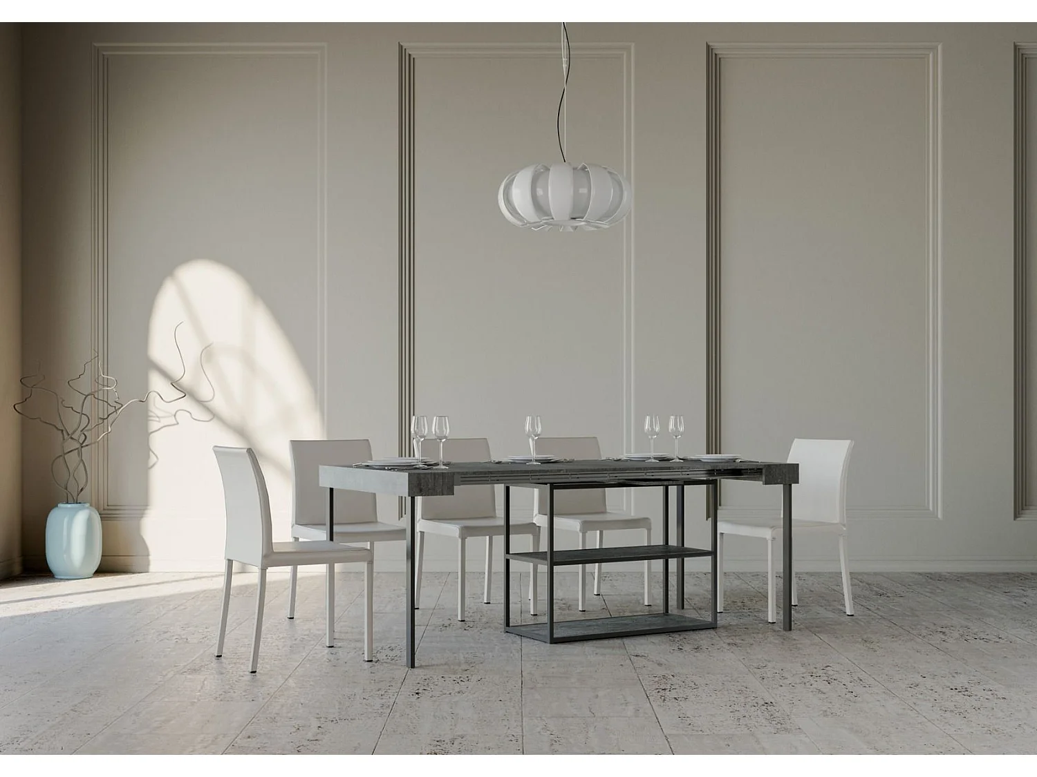 Uitschuifbare sidetable 90x40/196 cm Plano Small cement met antraciet frame