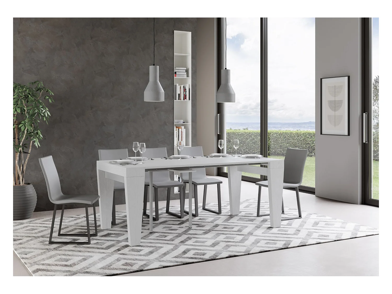 Consola extensible de madera Sambo 90x40/196 o 90x40/300 cm-Color Blanco-Soporte 2 pies-Alargaderas 5 extensiones