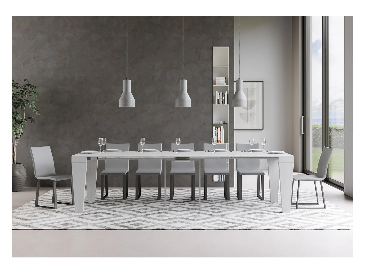 Consola extensible de madera Sambo 90x40/196 o 90x40/300 cm-Color Blanco-Soporte 2 pies-Alargaderas 5 extensiones