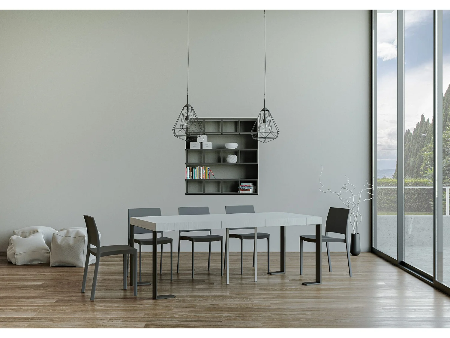 Ausziehbarer Konsolentisch 90x40/196 cm Tecno Small Premium Esche weiß mit Eisenrahmen aus Anthrazit