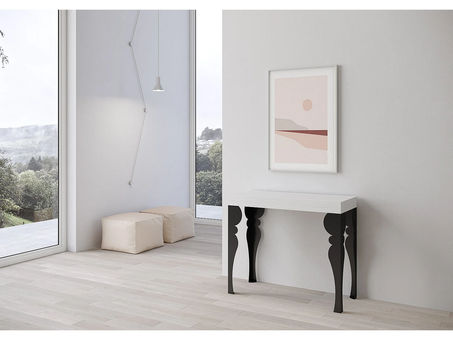 Console extensible 90x40/300 cm Paxon frêne blanc pieds anthracite