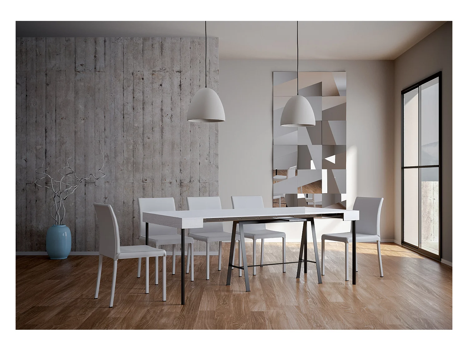 Console extensible 90x40/196 cm Banco Small Frêne Blanc cadre Anthracite