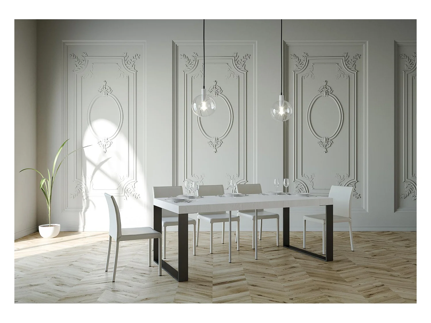 Ausziehbare Konsole 90x40/300 cm Elettra Premium Weißer Esche-Anthrazit-Rahmen