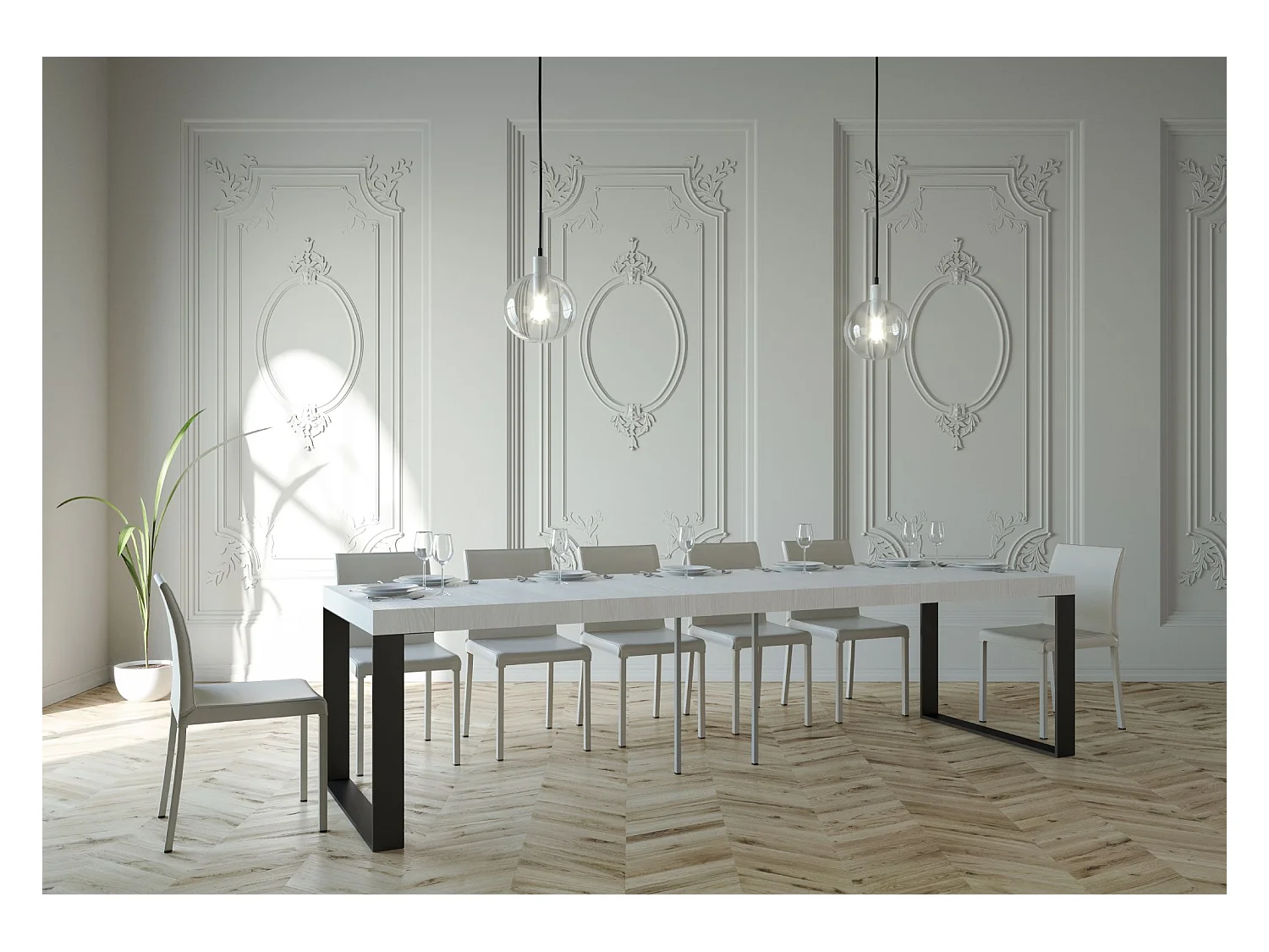 Ausziehbare Konsole 90x40/300 cm Elettra Premium Weißer Esche-Anthrazit-Rahmen