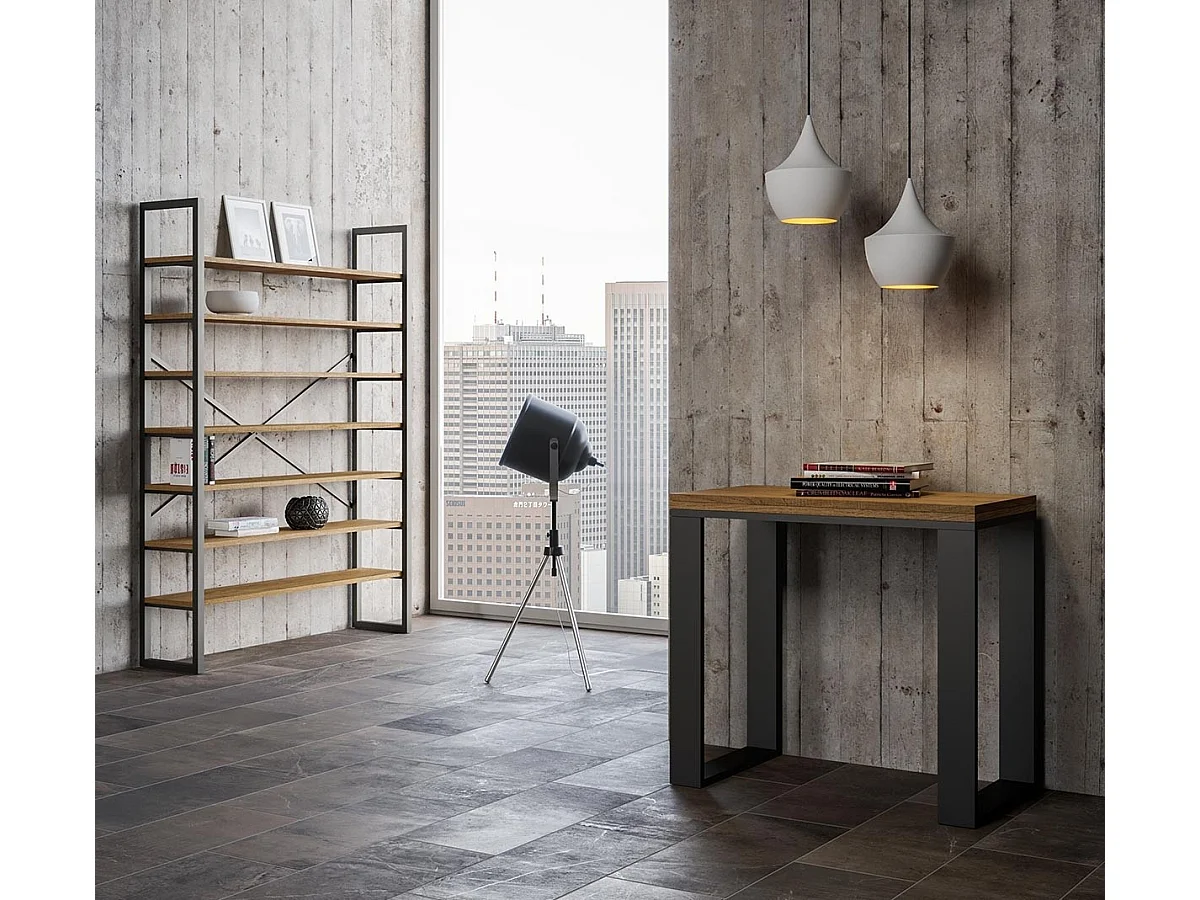 Klappbarer Konsolentisch 90x45/90 cm Tecno Libra Eiche Natur mit Eisenrahmen aus Anthrazit