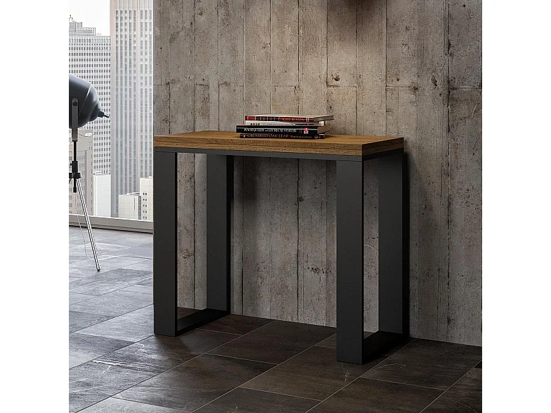 Klappbarer Konsolentisch 90x45/90 cm Tecno Libra Eiche Natur mit Eisenrahmen aus Anthrazit