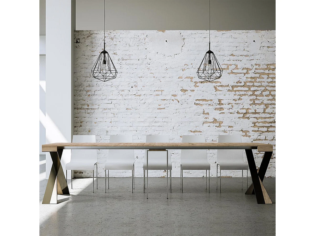 Consola extensible de diseño Diago en madera y patas cruzadas de acero antracita 90x40/196 o 90x40/300 cm-Color Natural-Soporte 2 pies-5 alargaderas finas