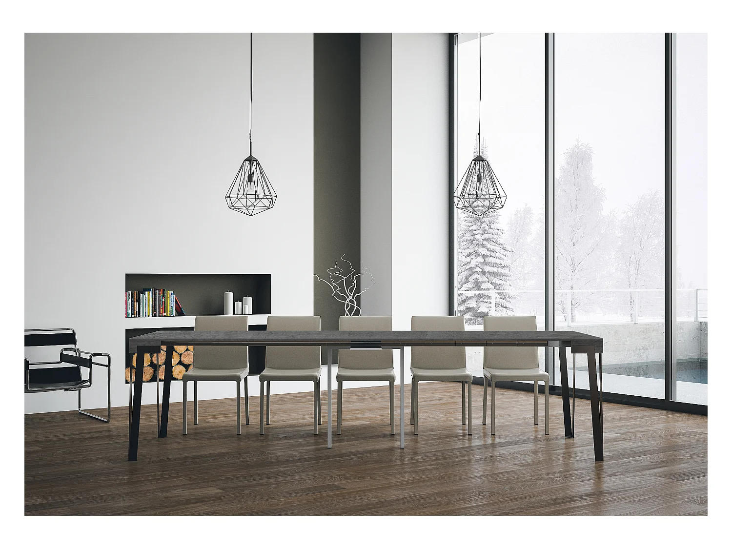 Ausziehbarer Konsolentisch 90x40/300 cm Rio Zement mit Eisenrahmen aus Anthrazit