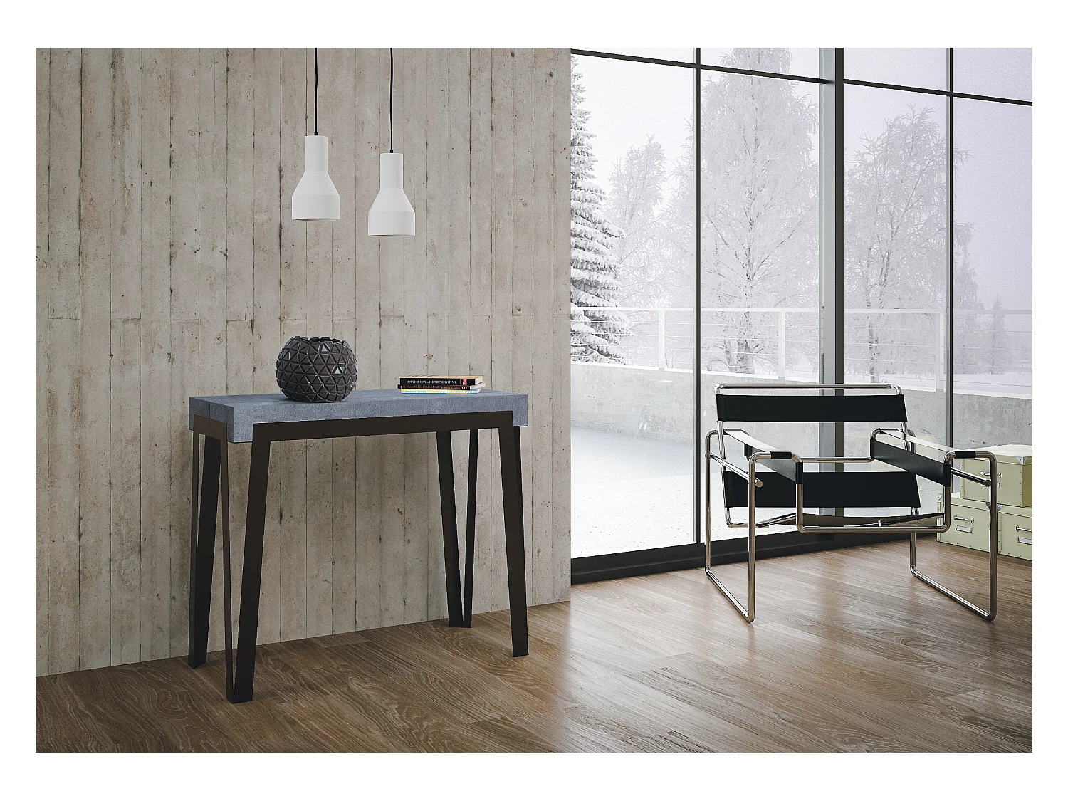 Uitschuifbare sidetable 90x40/300 cm Rio cement met antraciet frame