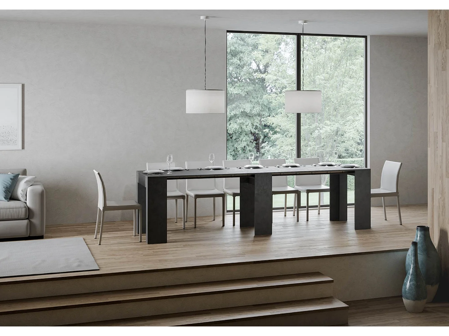 Konsola rozkładana 78x47/299 cm Allin Antracytowy efekt stucco wewnętrzne przedłużenia