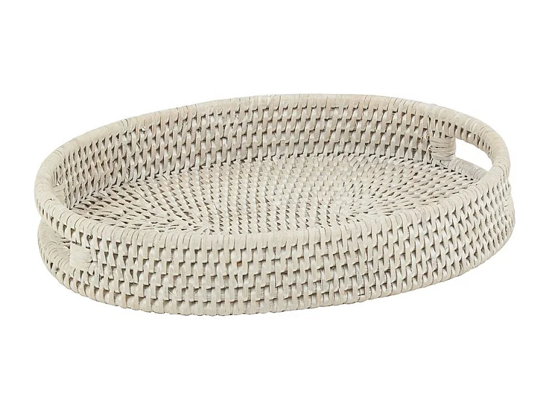 Plateau ovale en rotin patiné blanc