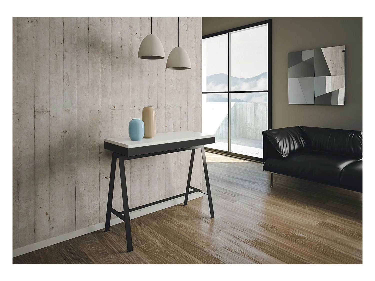 Ausziehbarer Konsolentisch 90x40/300 cm Banco Evolution Esche weiß mit Eisenrahmen aus Anthrazit