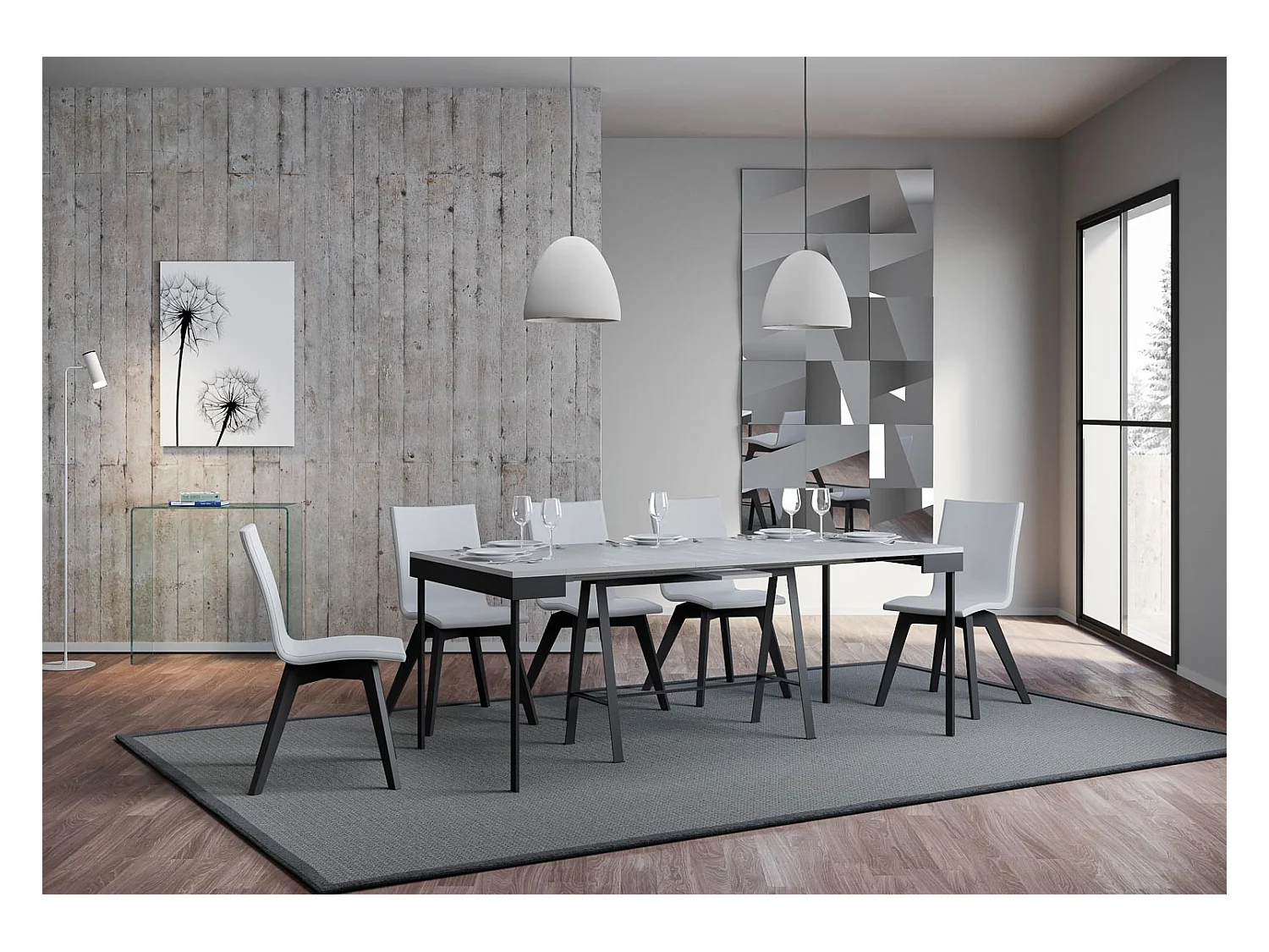 Ausziehbarer Konsolentisch 90x40/300 cm Banco Evolution Esche weiß mit Eisenrahmen aus Anthrazit