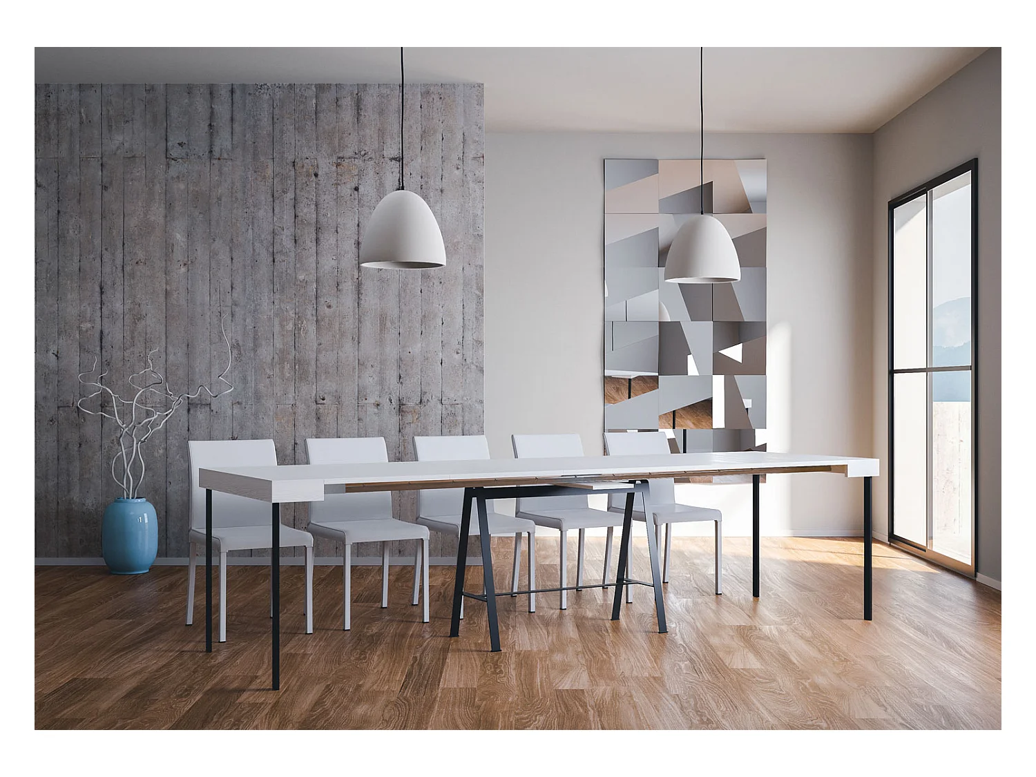 Ausziehbarer Konsolentisch 90x40/300 cm Banco Evolution Esche weiß mit Eisenrahmen aus Anthrazit