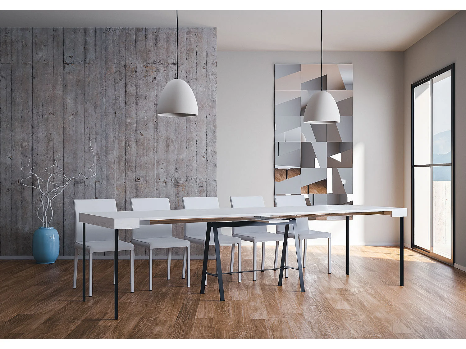 Console extensible 90x40/300 cm Banco Evolution Frêne Blanc cadre Anthracite