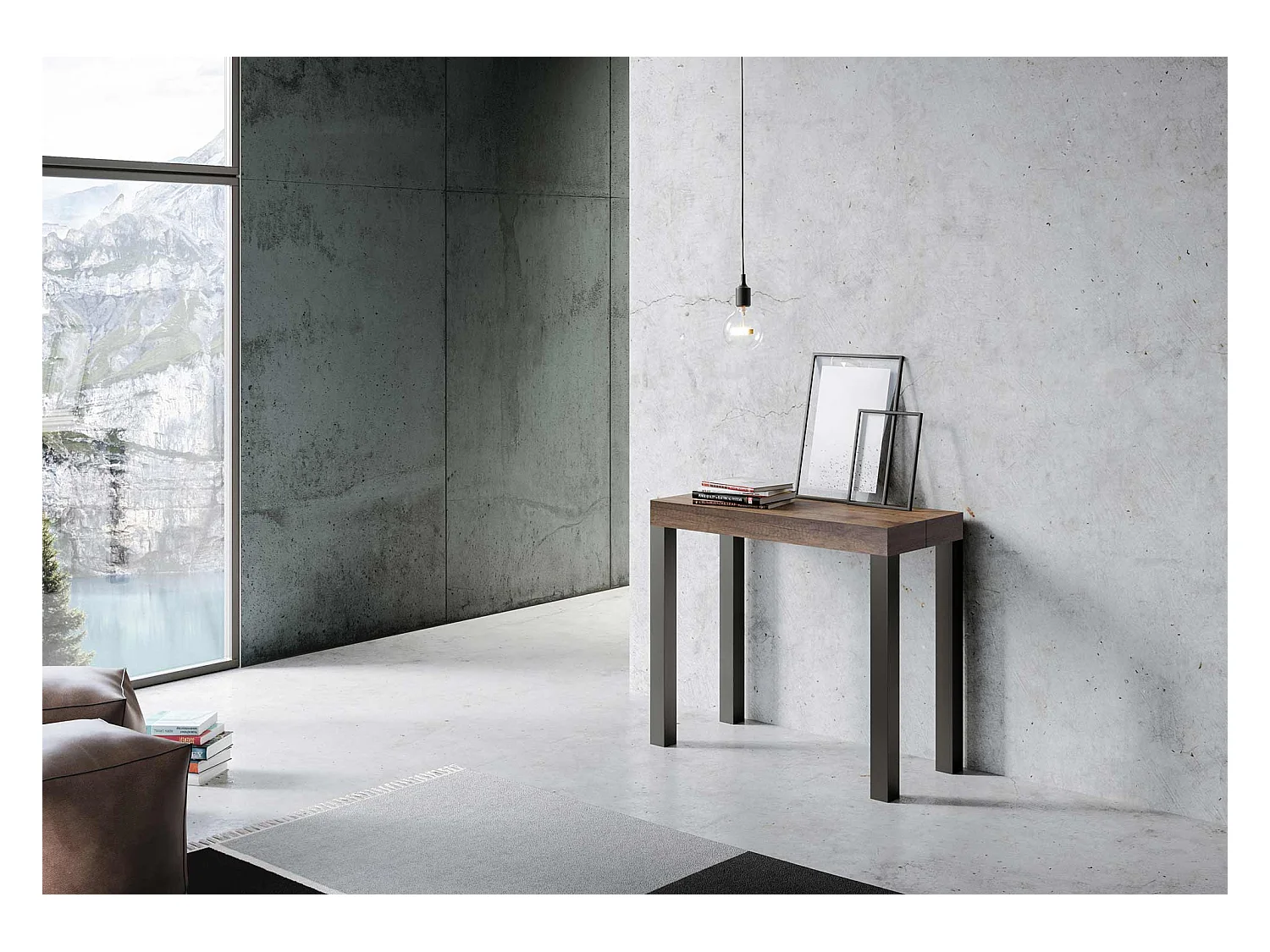 Uitschuifbare console in hout en antraciet staal Elvira 90x40/196 of 90x40/300 cm-Kleur Bruin-Steun 2 voet-Verlengsnoeren 3 uitbreidingen