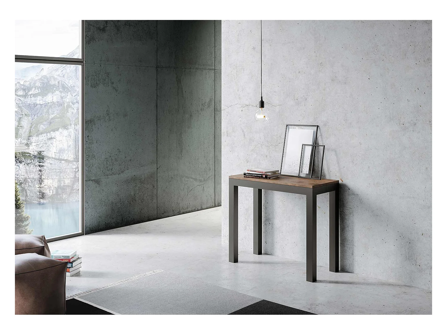 Uitschuifbare console in hout en antraciet staal Monteros 90x40/196 of 90x40/300 cm-Kleur Bruin-Steun 2 voet-Verlengsnoeren 3 uitbreidingen