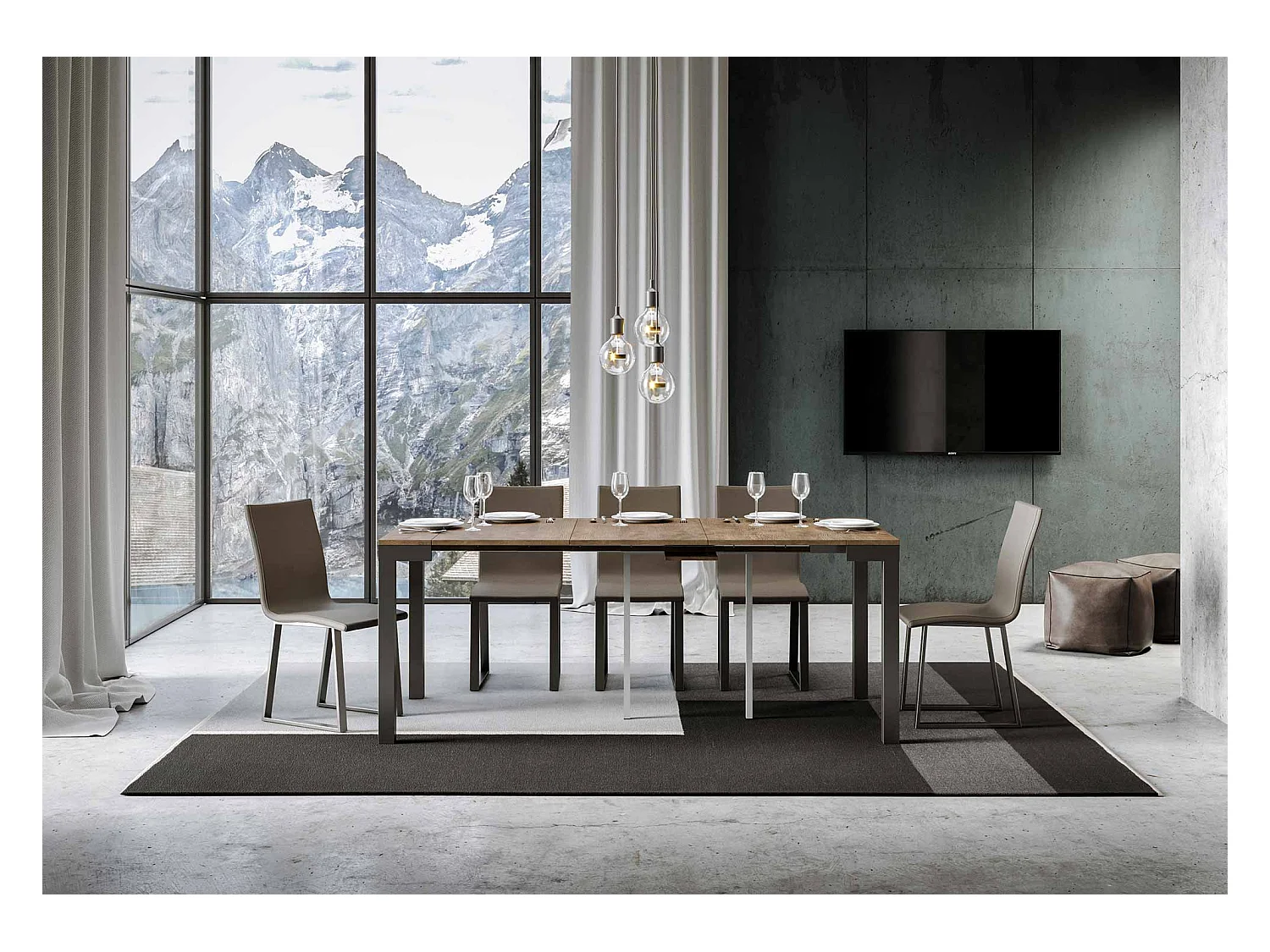 Uitschuifbare console in hout en antraciet staal Monteros 90x40/196 of 90x40/300 cm-Kleur Bruin-Steun 2 voet-Verlengsnoeren 3 uitbreidingen