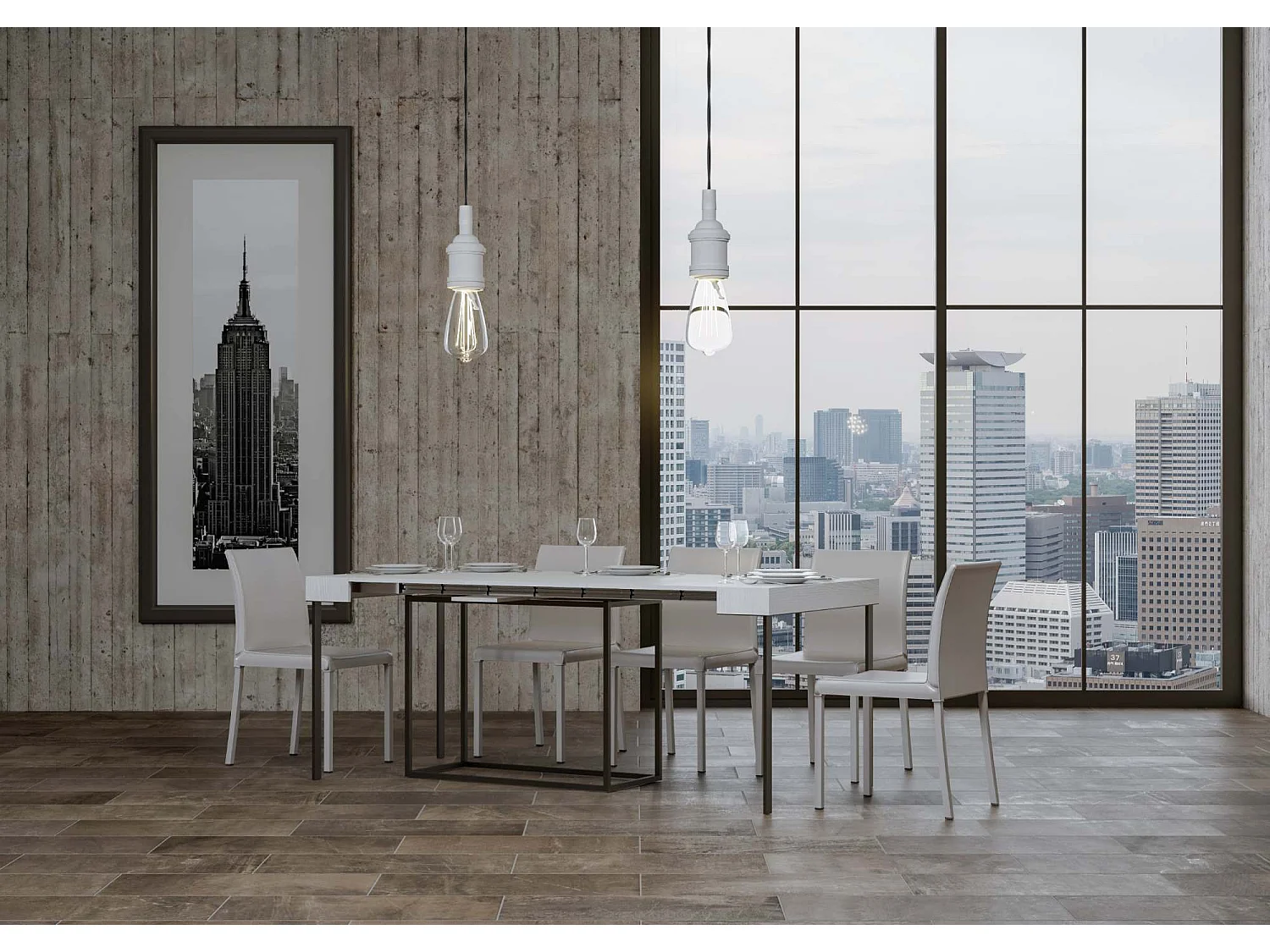 Console extensible 90x40/300 cm Nordica Frêne Blanc cadre Anthracite