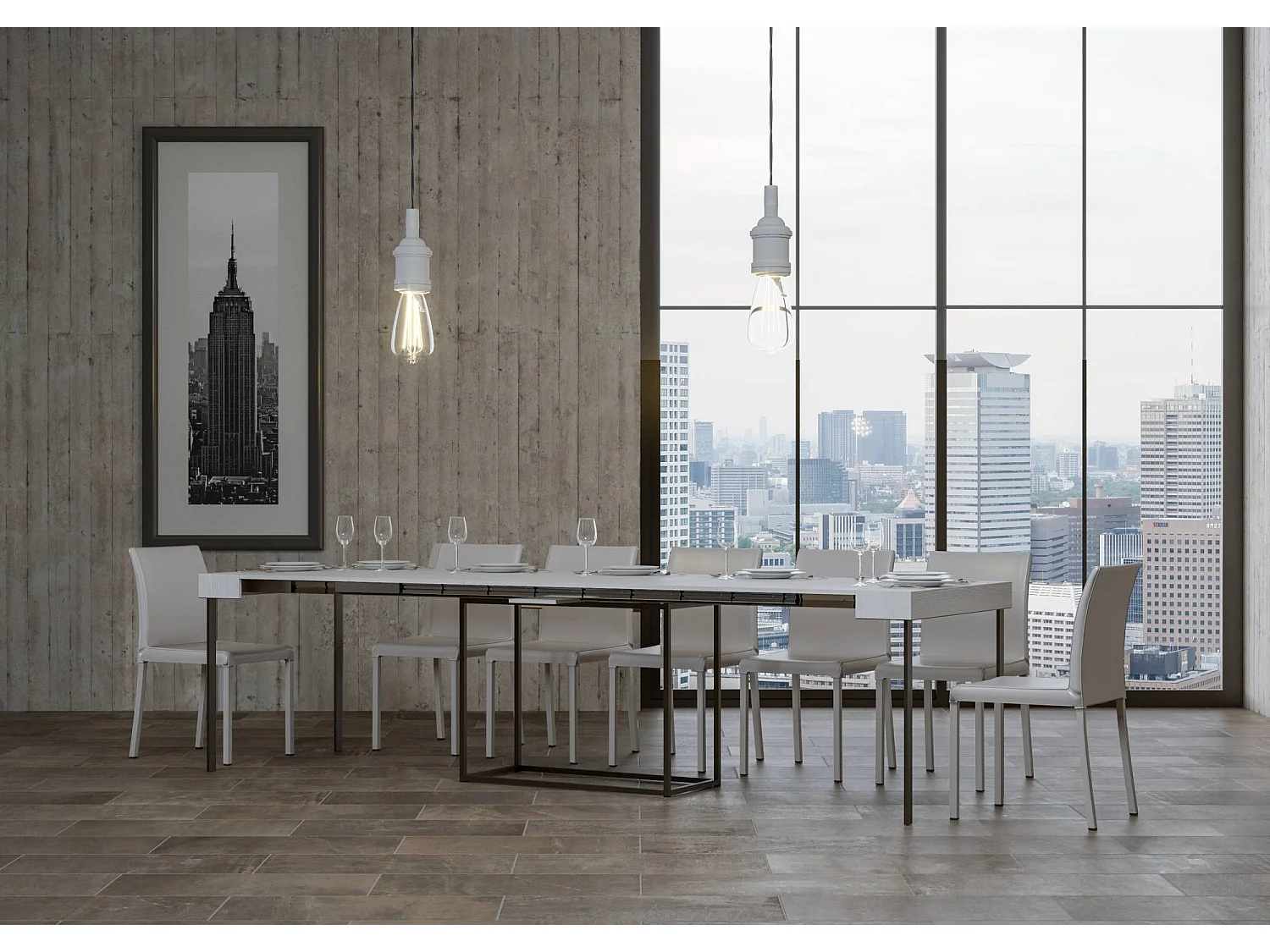 Console extensible 90x40/300 cm Nordica Frêne Blanc cadre Anthracite