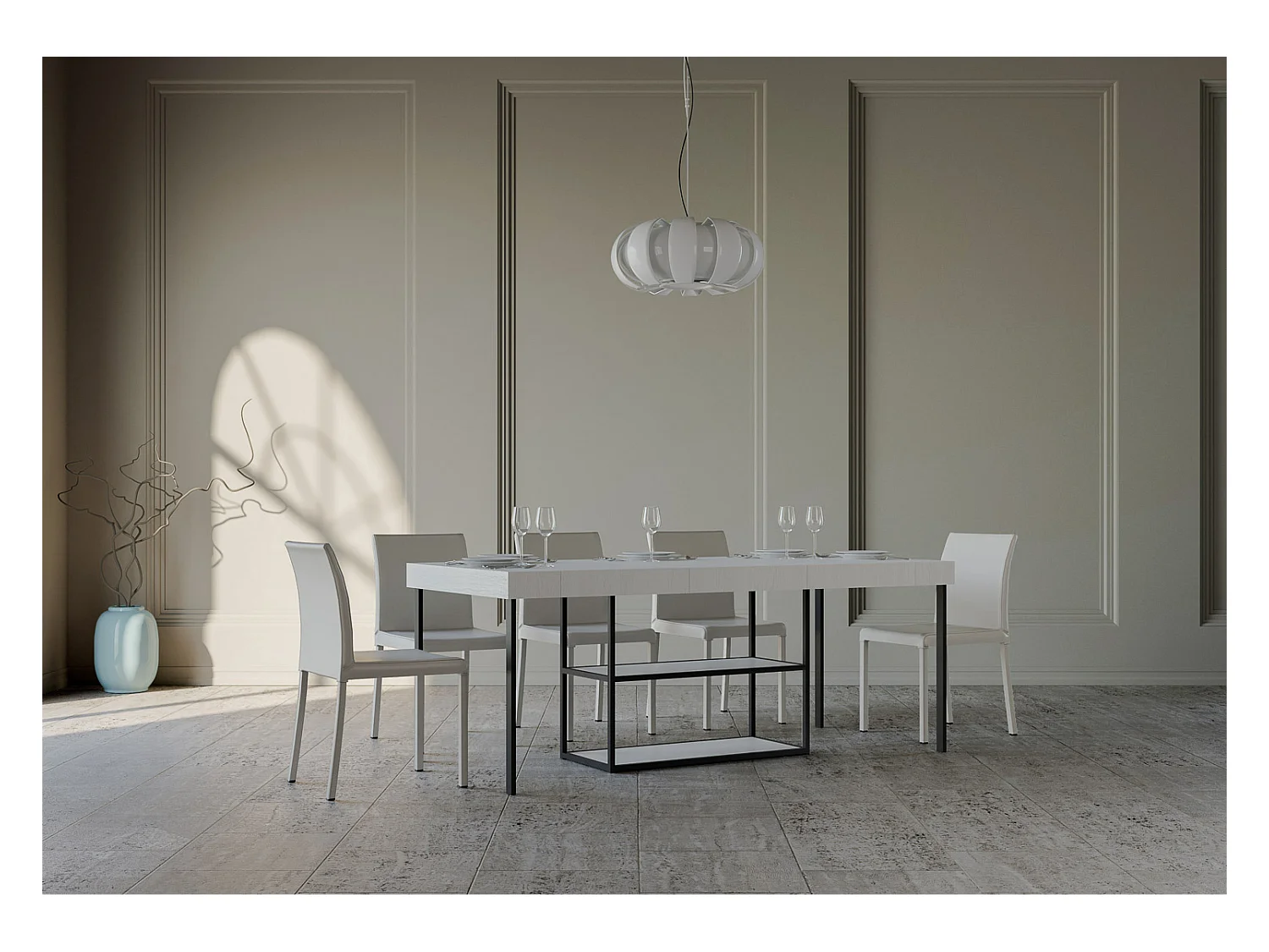 Uitschuifbare console met planken Spacio 90x40/196 of 90x40/300 cm-Kleur Wit-Verlengsnoeren 3 dikke extensies