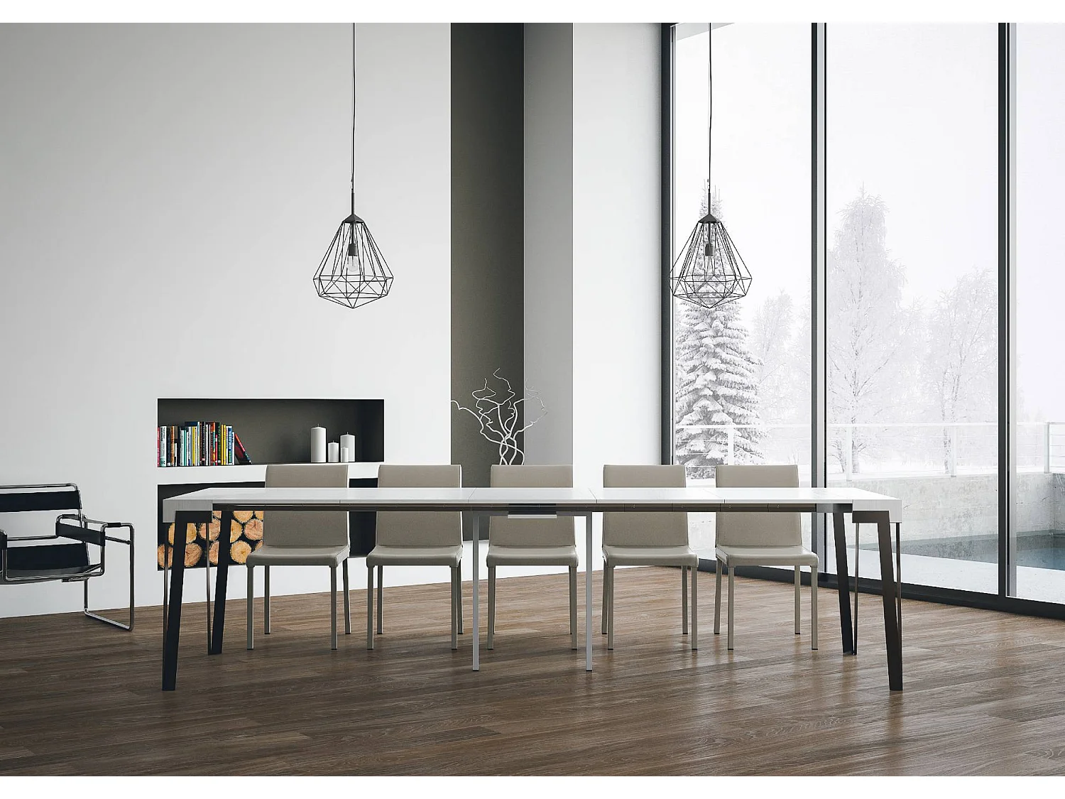 Console extensible 90x40/300 cm Rio Frêne Blanc cadre Anthracite