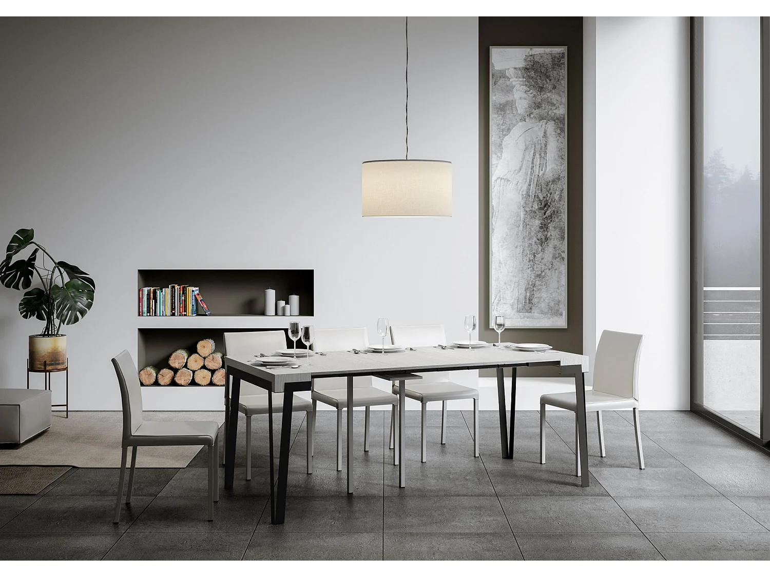 Uitschuifbare sidetable 90x40/300 cm Rio eiken wit met antraciet frame