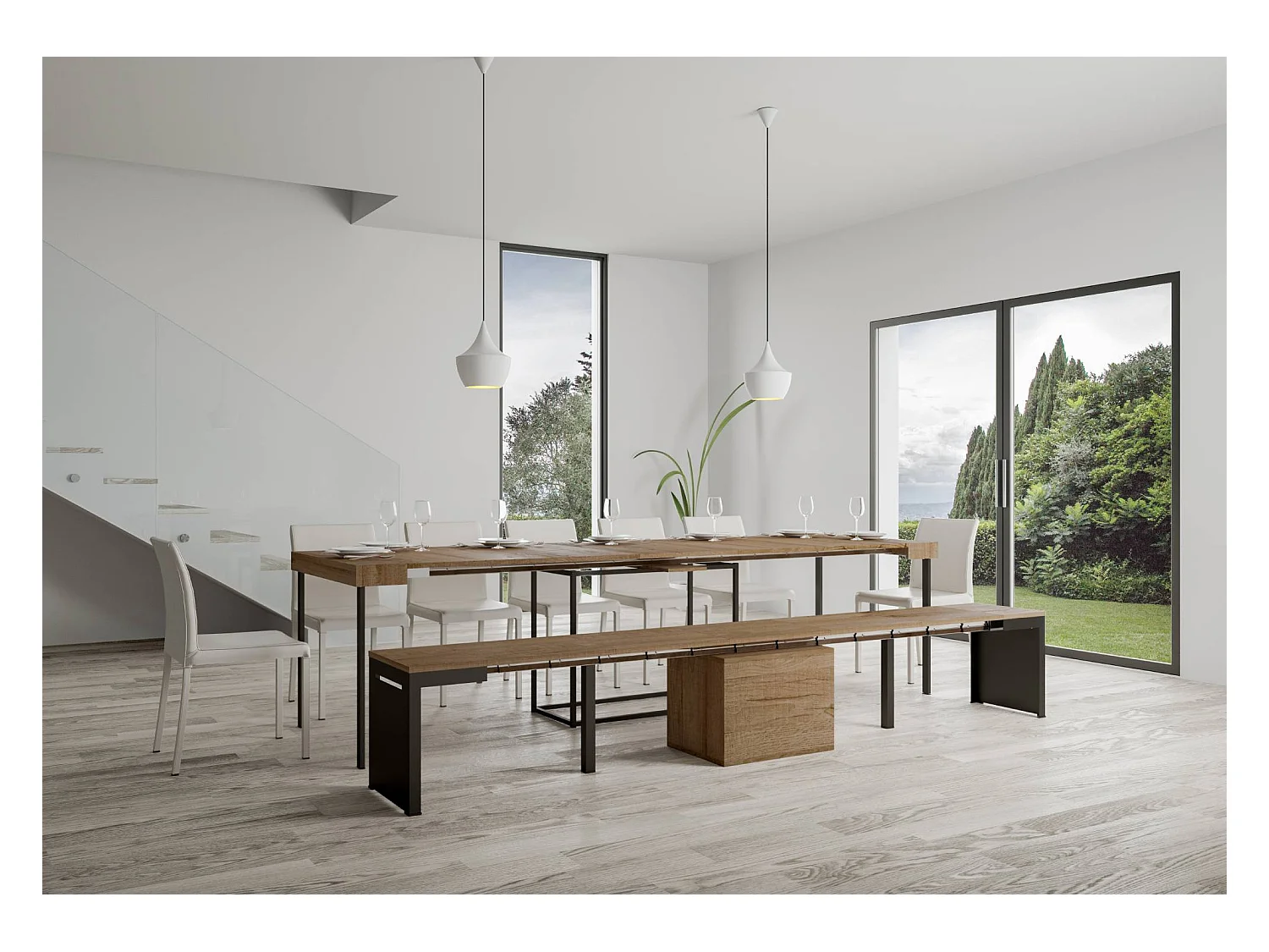 Ausziehbare Sitzbank 55x40/305 cm Walk Eiche Natur mit Eisenrahmen aus Anthrazit