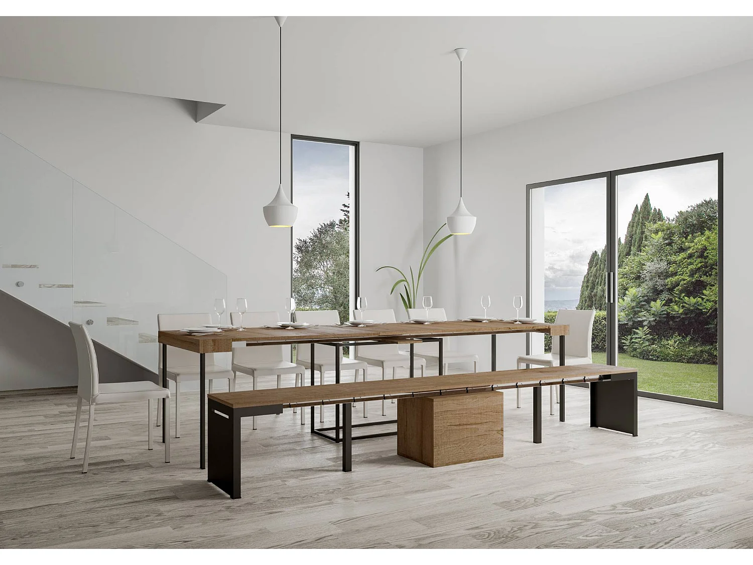 Uitschuifbare zitbank 55x40/305 cm Walk natuur eiken met antraciet frame