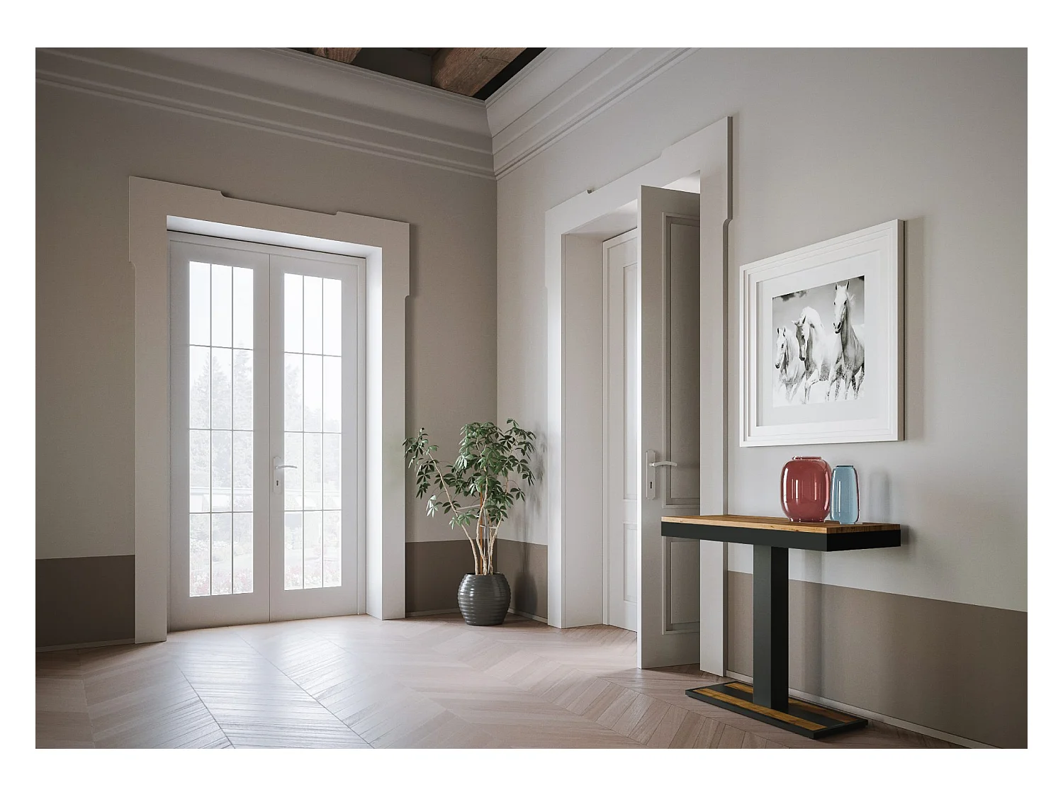 Consola extensible de madera de diseño con pata central Kapital Evolution 90x40/196 o 90x40/300 cm-Color Natural-Alargaderas 5 extensiones