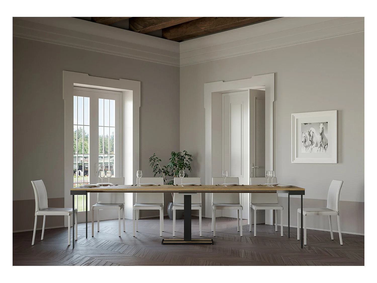 Consola extensible de madera de diseño con pata central Kapital Evolution 90x40/196 o 90x40/300 cm-Color Natural-Alargaderas 5 extensiones