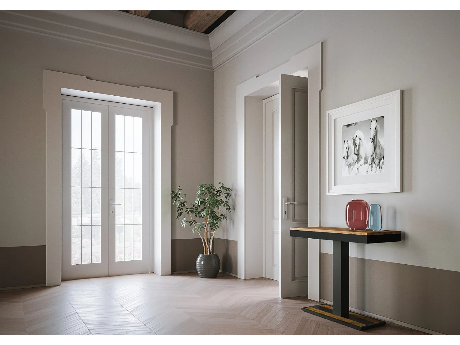 Designer uitschuifbare houten console met centrale poot Kapital evolution 90x40/196 of 90x40/300 cm-Kleur Natuurlijk-Verlengsnoeren 5 uitbreidingen
