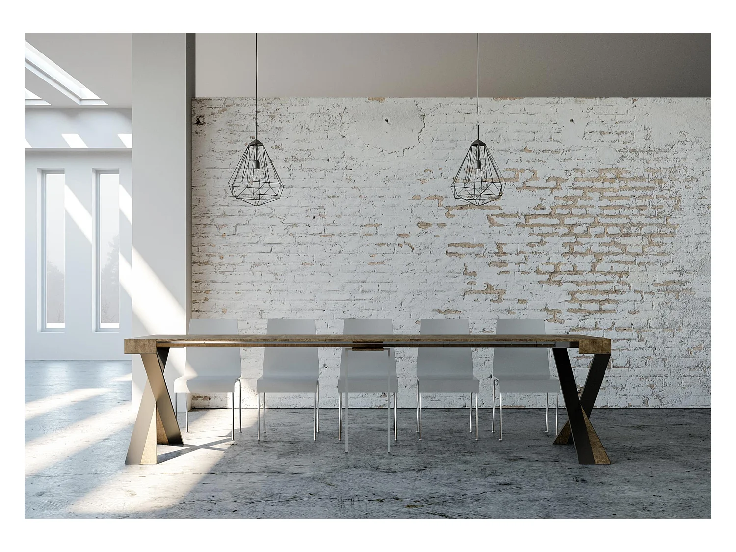 Consola extensible de diseño Diago en madera y patas cruzadas de acero antracita 90x40/196 o 90x40/300 cm-Color Marrón-Soporte 2 pies-5 alargaderas finas