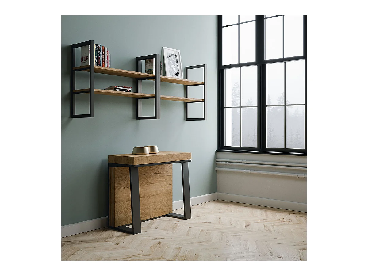 Console extensible 90x40/288 cm Asia Chêne Nature rallonges internes cadre Anthracite