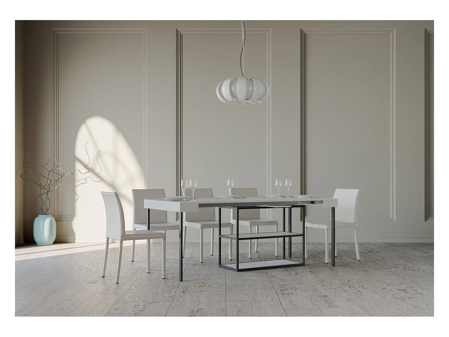 Console extensible 90x40/300 cm Plano Frêne Blanc cadre Anthracite